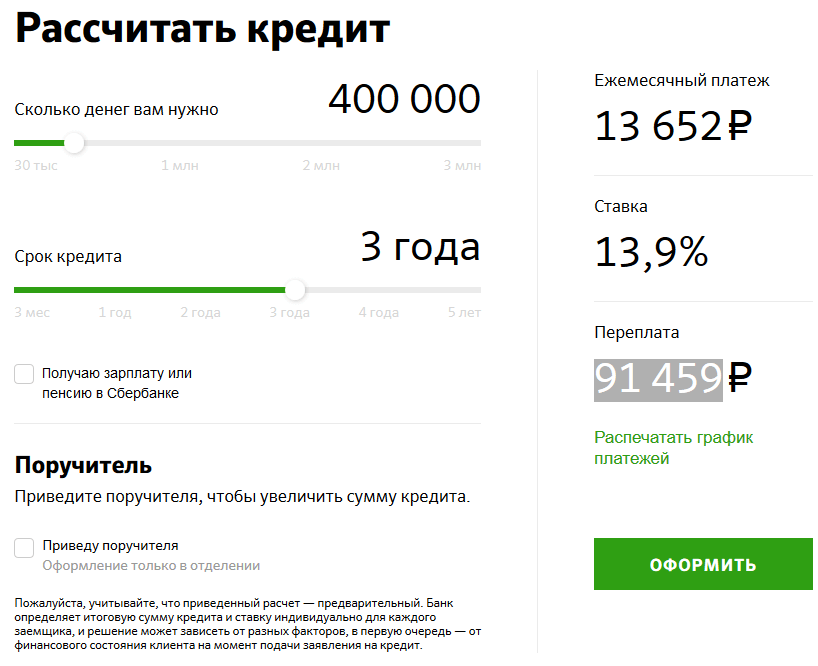 Расчет платежа при кредите в 400000 рублей